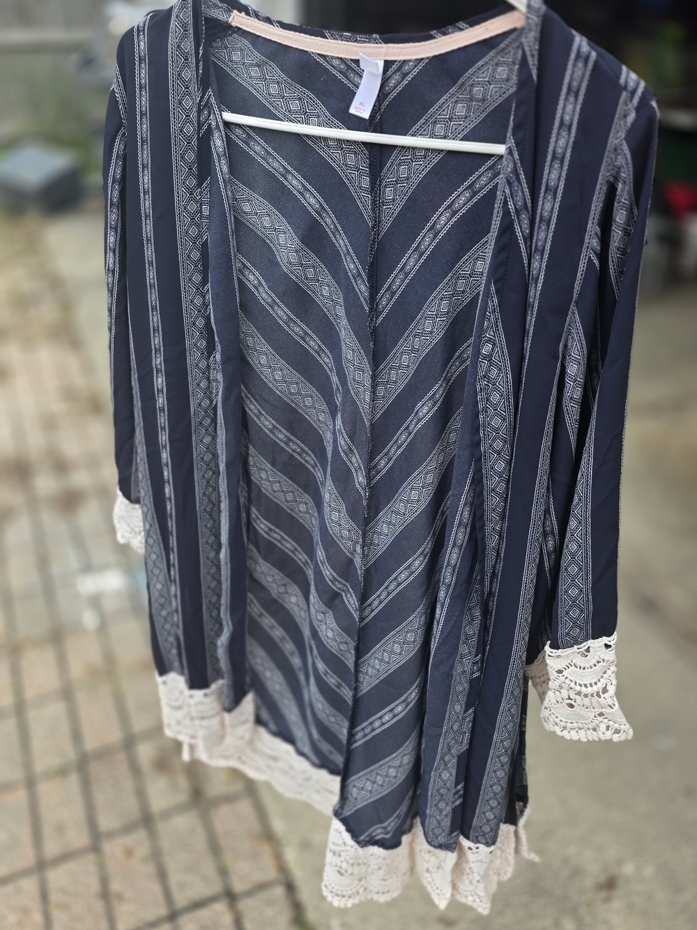 Navy Striped Crochet Trim Open Cardigan